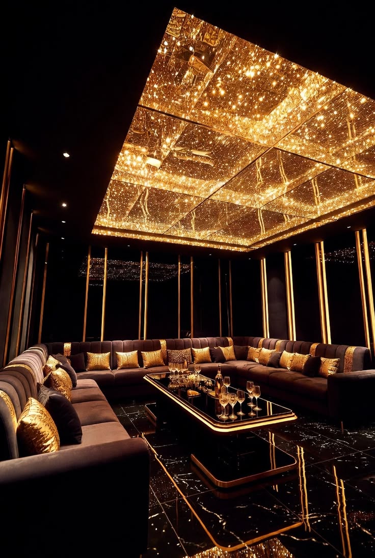 Góc rộng phòng VIP Karaoke Raptor với trần phản chiếu ánh vàng